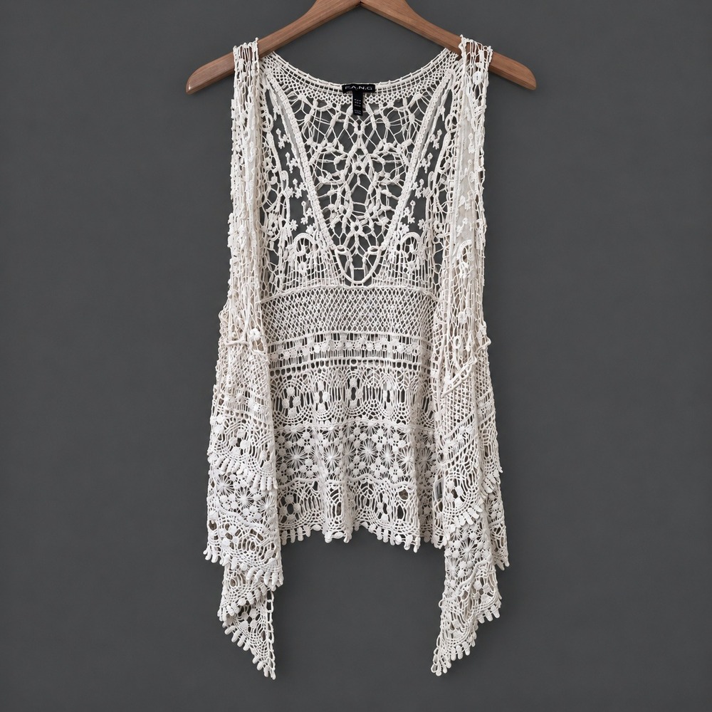 FANG Open Crochet Lace Vest Sz XL Y2K Waterfall Boho Fairy Cottagecore Festival